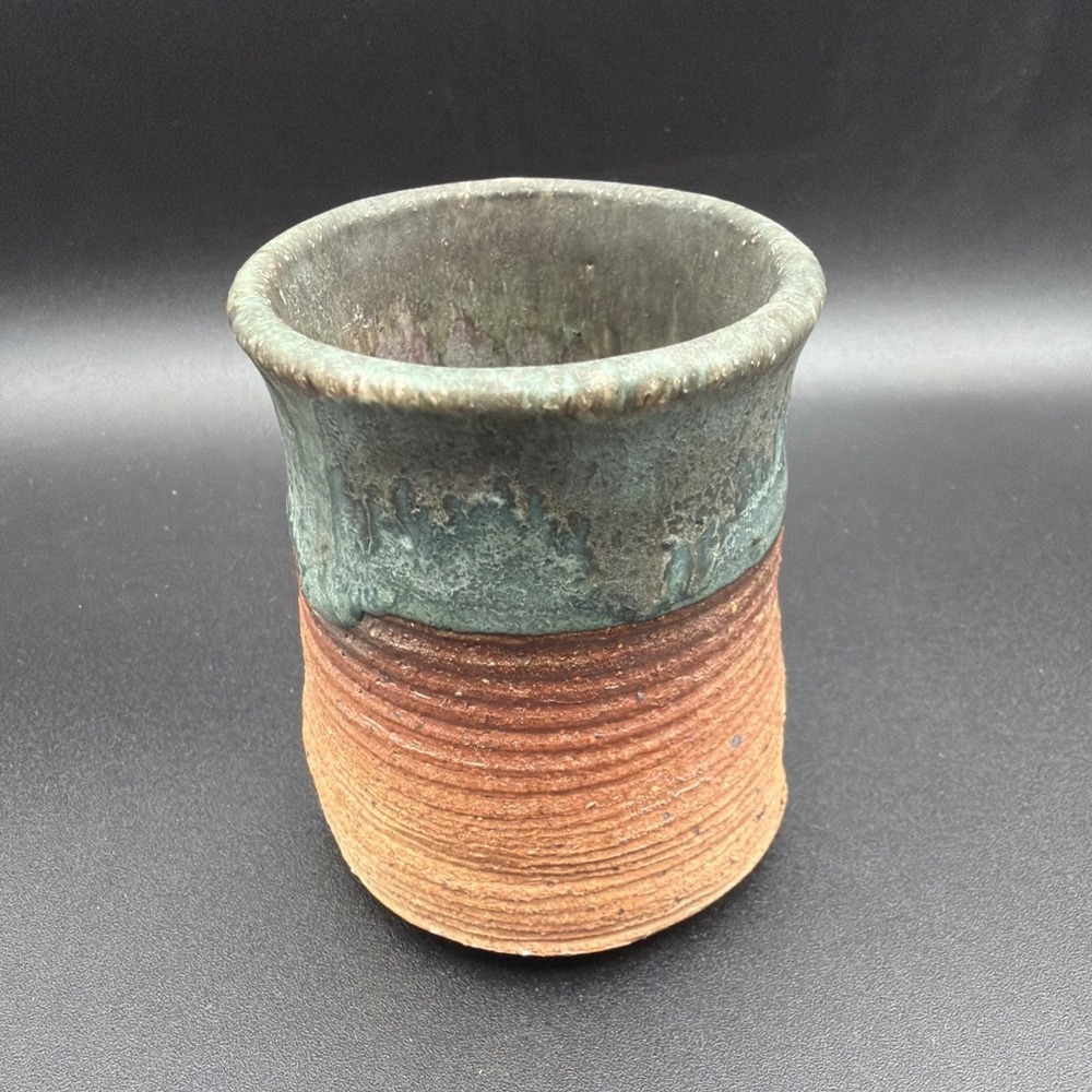 Studio Pottery Cup Handmade Stoneware Tumbler 3.5" Green Brown Ridged Glaze